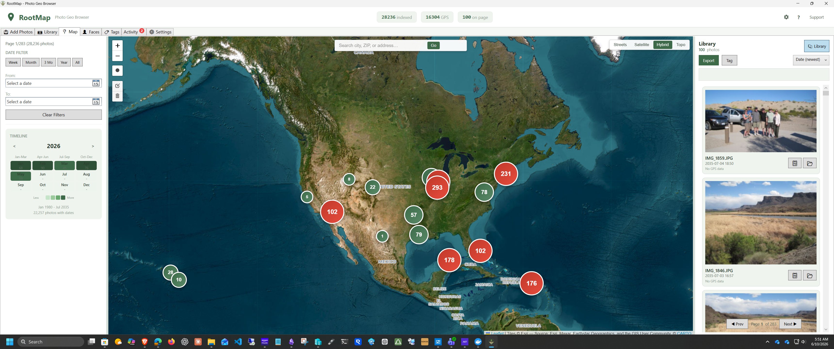 Rootmap showing photos clustered by location on a hybrid satellite map